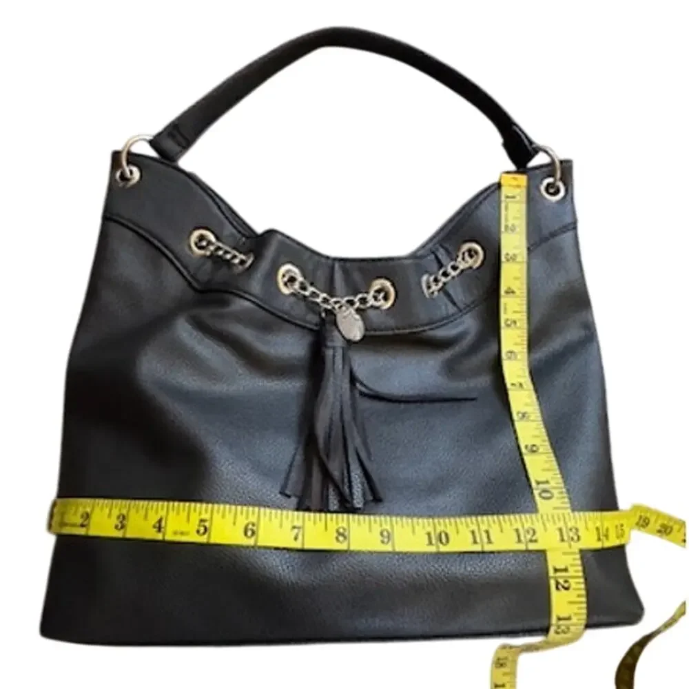 Nine West Black Faux Leather Tassel Shoulder Bag Purse Handbag Women Classic
